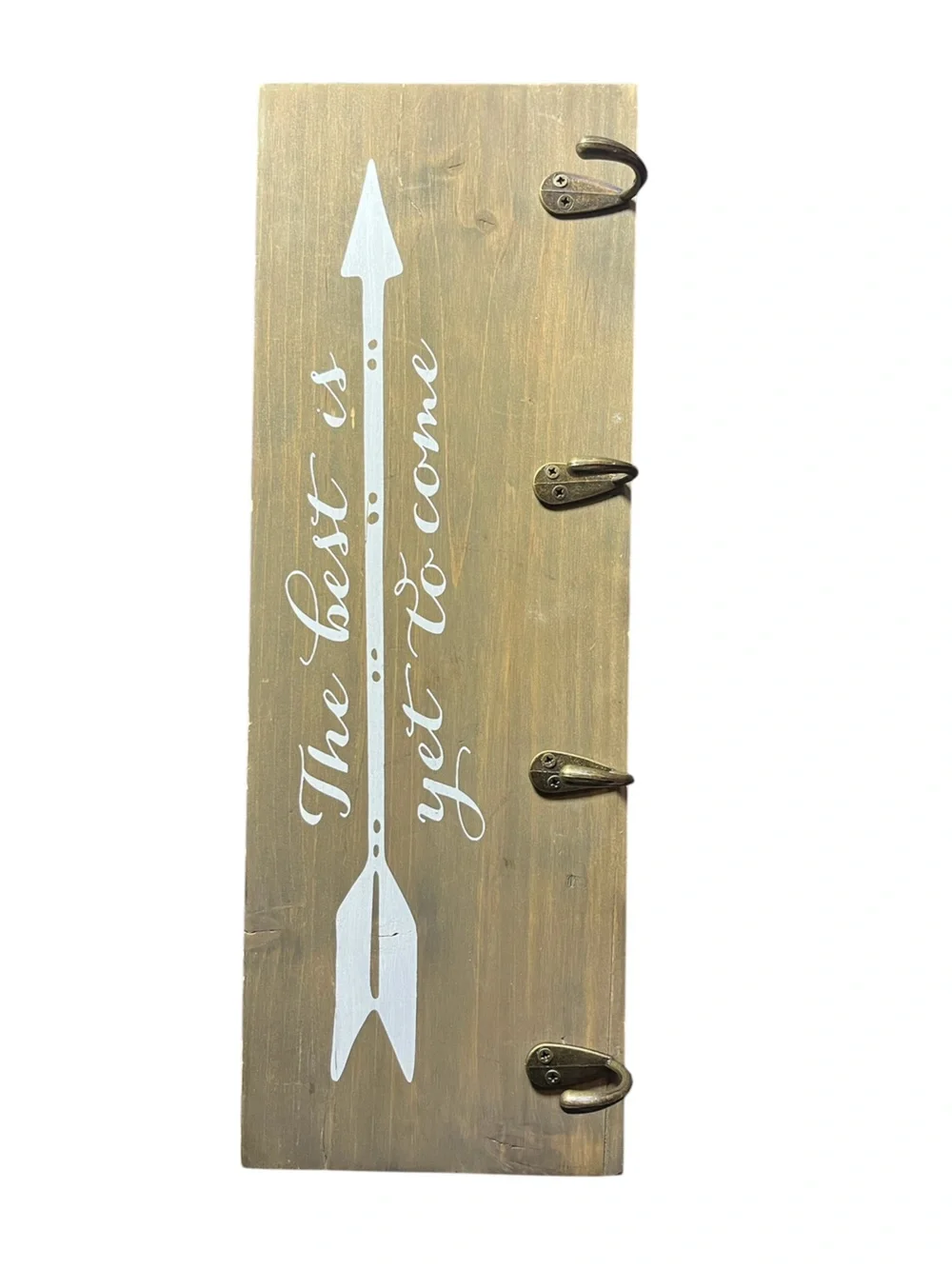 Rustic Brown Wood Wall Hook with White Arrow and Inspirational Quote
